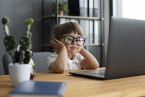 portrait cute girl working office laptop